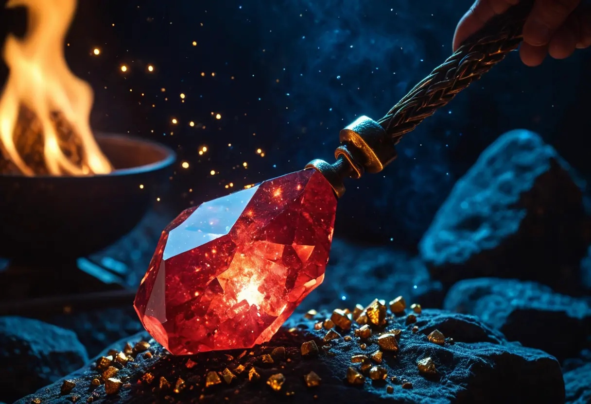 The glowing red stone in a dark lab.