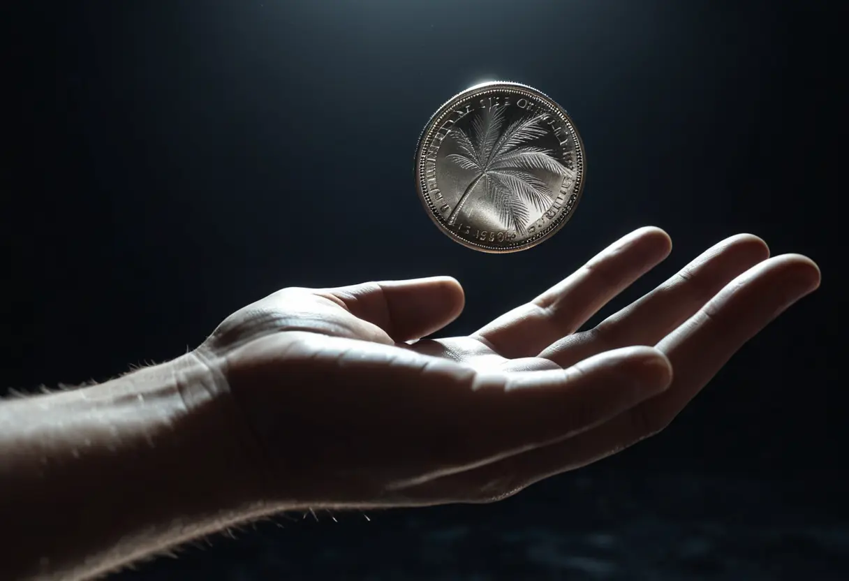 A silver coin levitating above a hand.