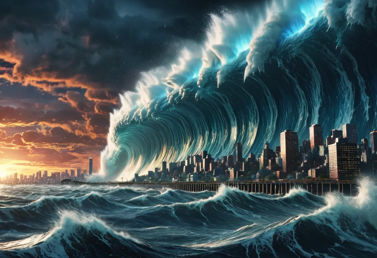 A massive tsunami hitting a city under a distorted sky.