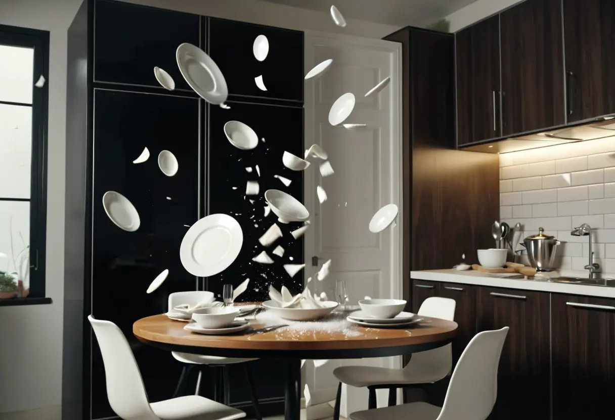 Kitchen objects flying in a poltergeist haunting.