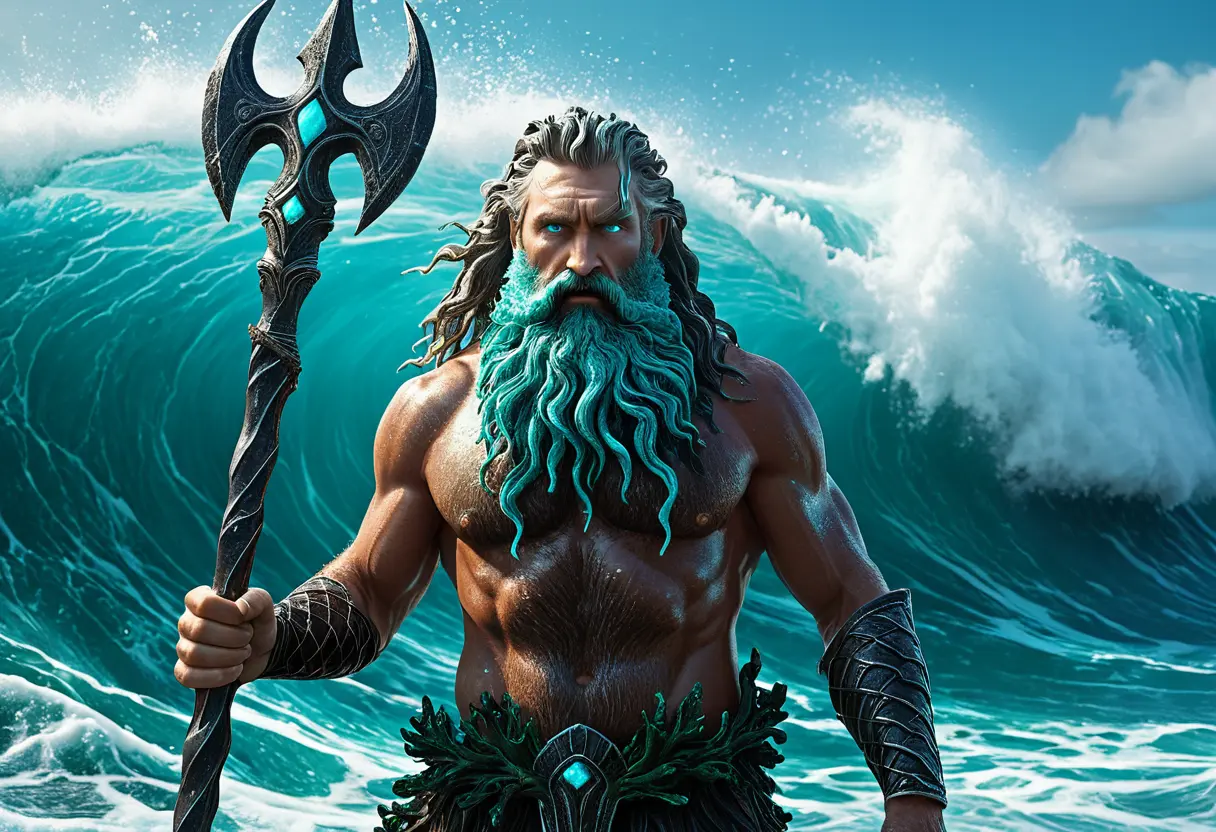 Poseidon wielding a trident in a stormy sea.