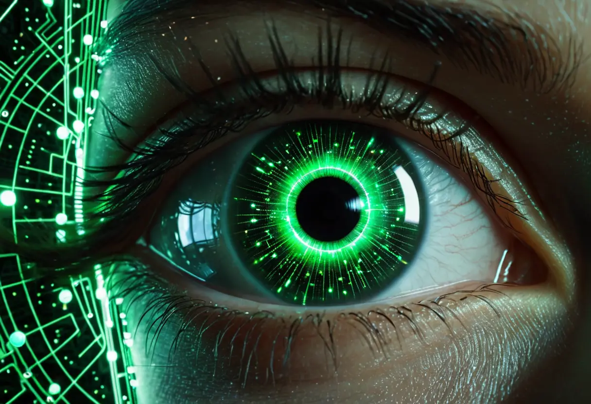 A digital eye looking through a star chart that turns into a circuit board.