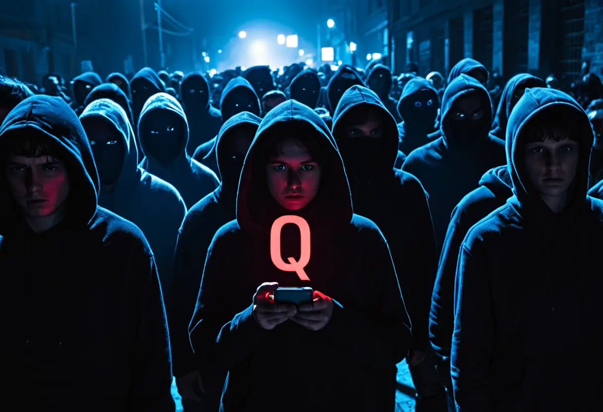 Masked crowd in darkness.