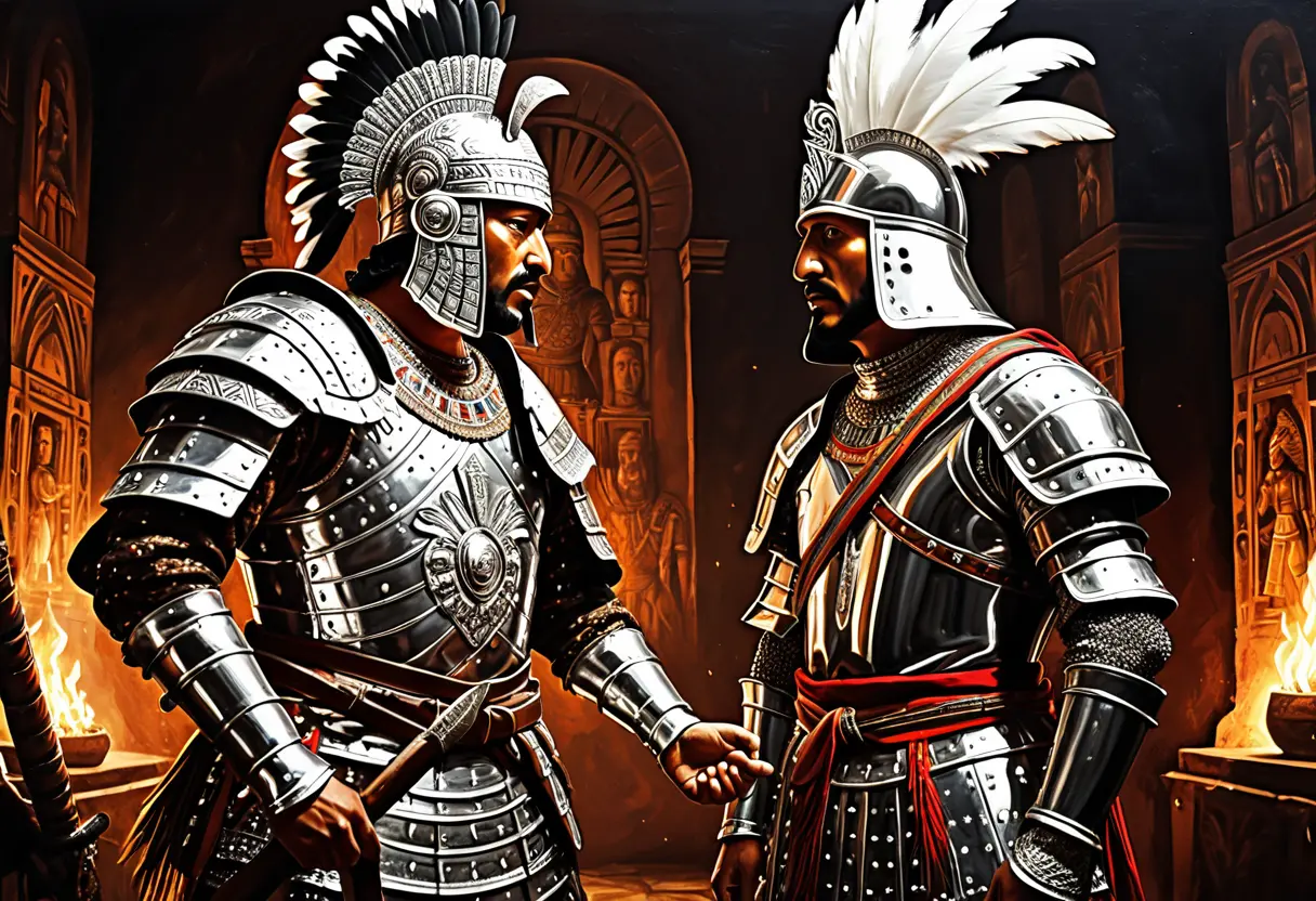 The meeting of Moctezuma and Cortes.