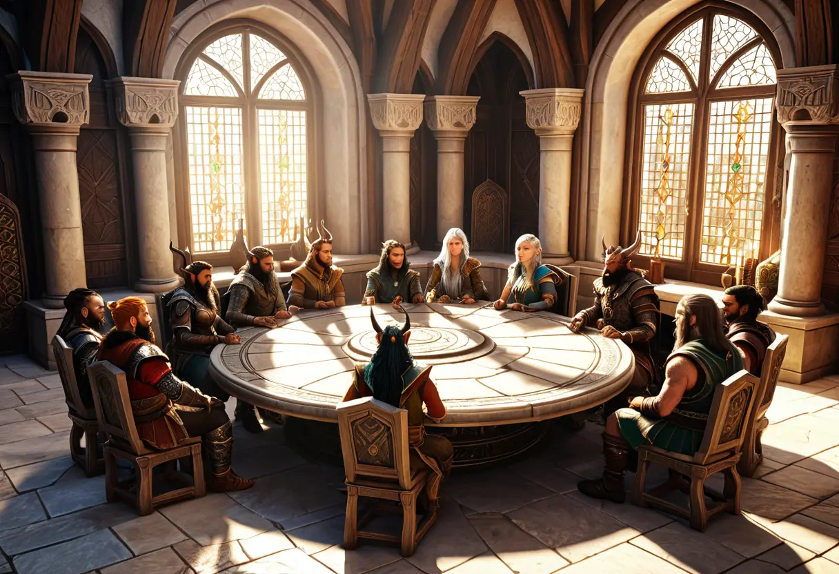 A diverse council of different fantasy races around a table.