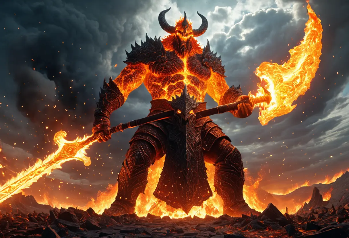 A colossus of fire splitting the sky with a burning blade.