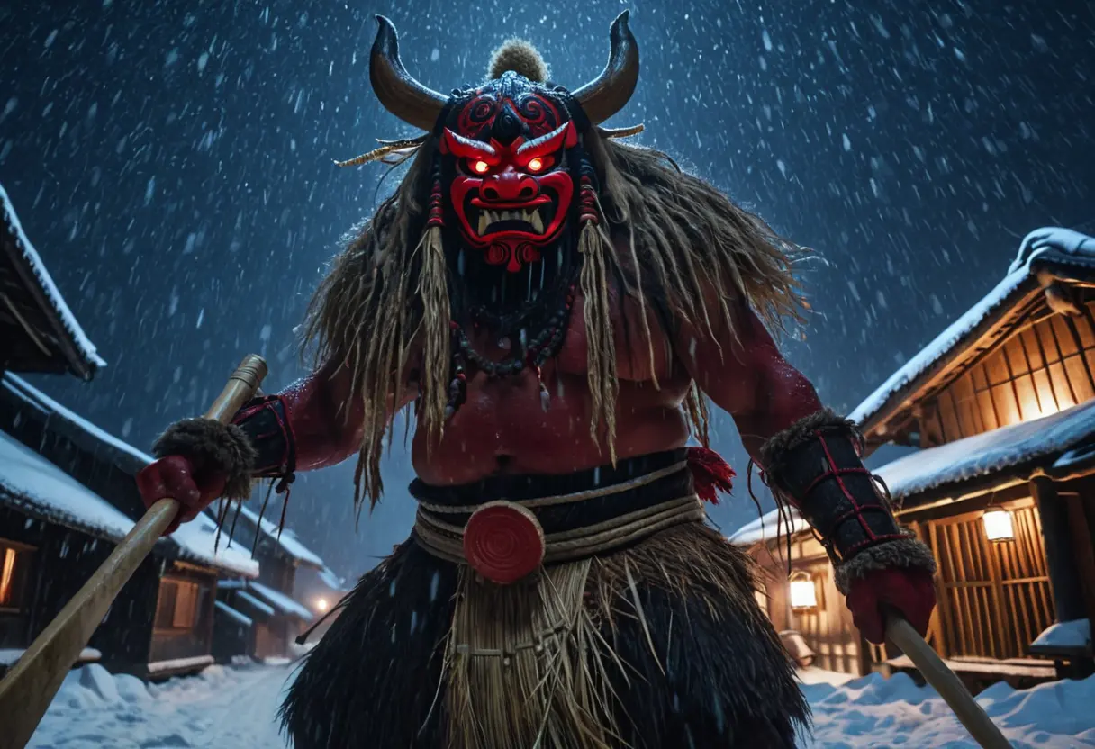 A Namahage deity with a red mask standing in a snowstorm.