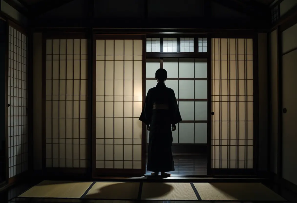 A tall, shadowy figure standing at a traditional Japanese door.