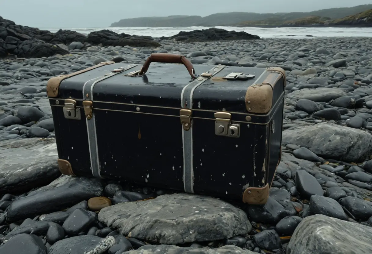 A black suitcase on a beach.