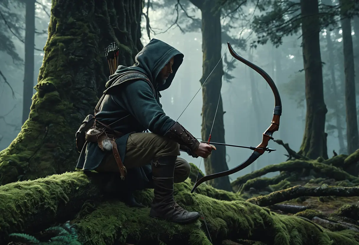 A hooded ranger crouched on a tree branch with a bow.