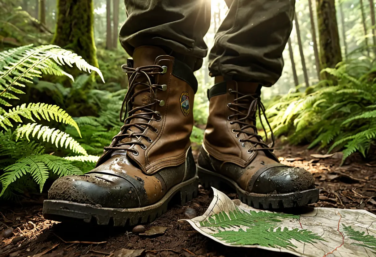 A ranger&rsquo;s worn leather boots and a map on a forest floor.