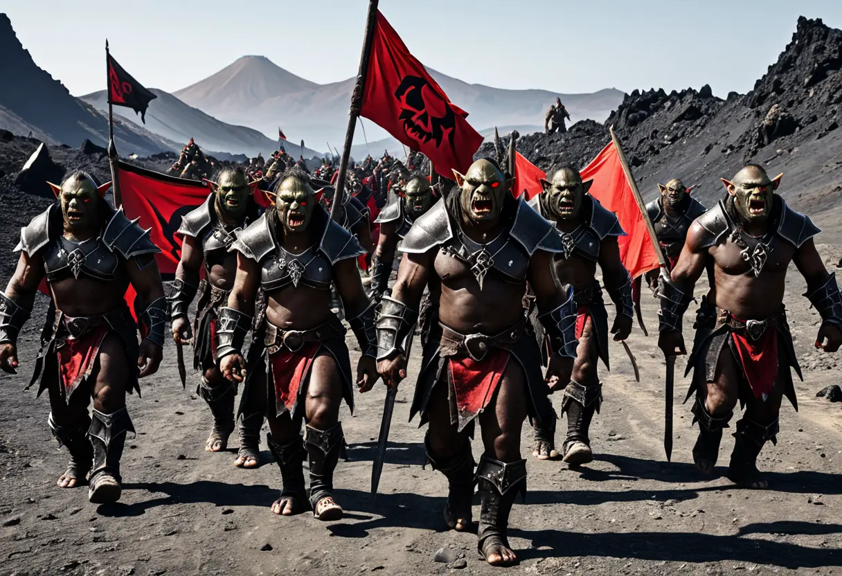 Snarling Orcs in black iron armor.