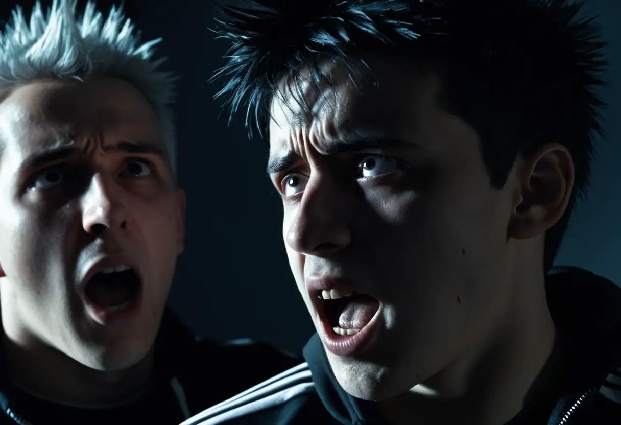 A boy with a pained expression in a dark shadow.