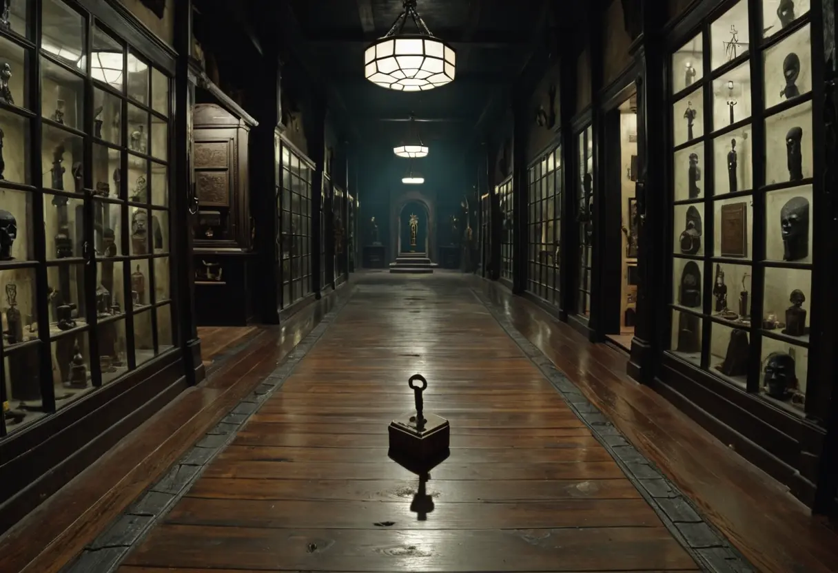 A dark interior of an occult museum department.