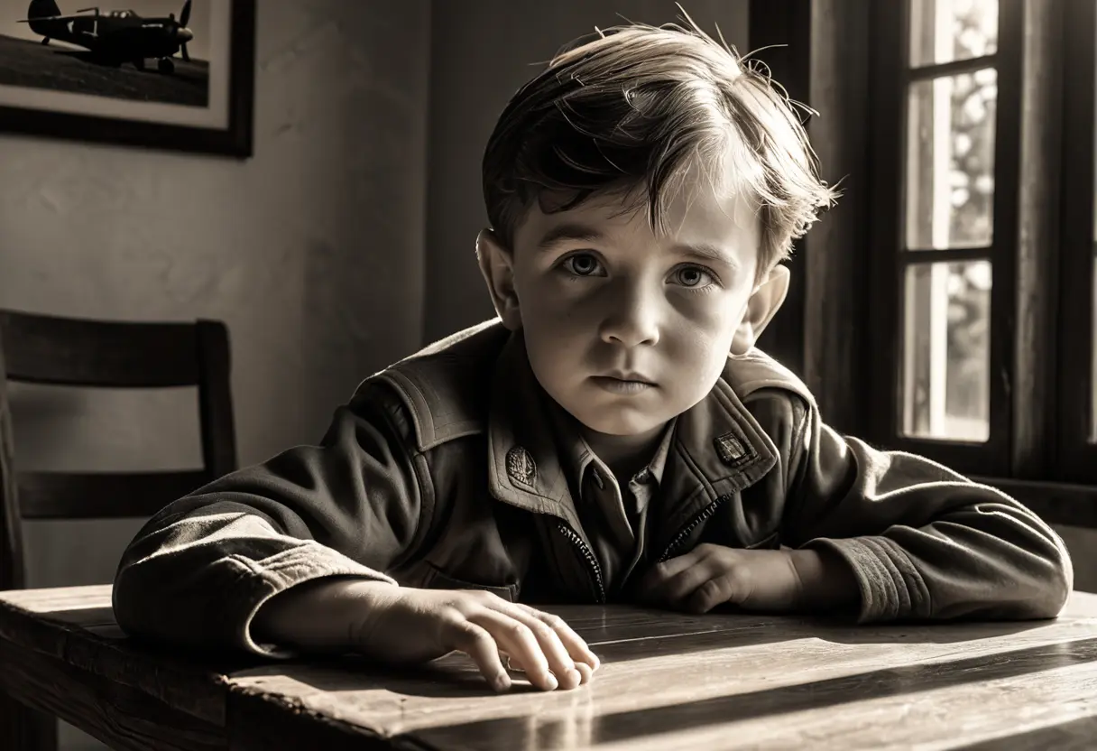 A modern young boy intently staring at an old, faded photograph of a WWII pilot.