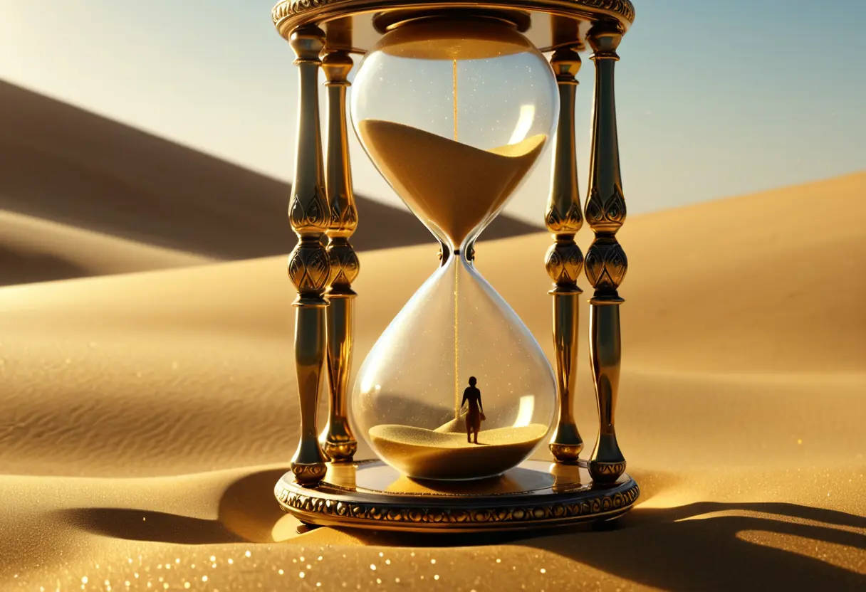 A mystical hourglass where the falling sand transforms into abstract souls.
