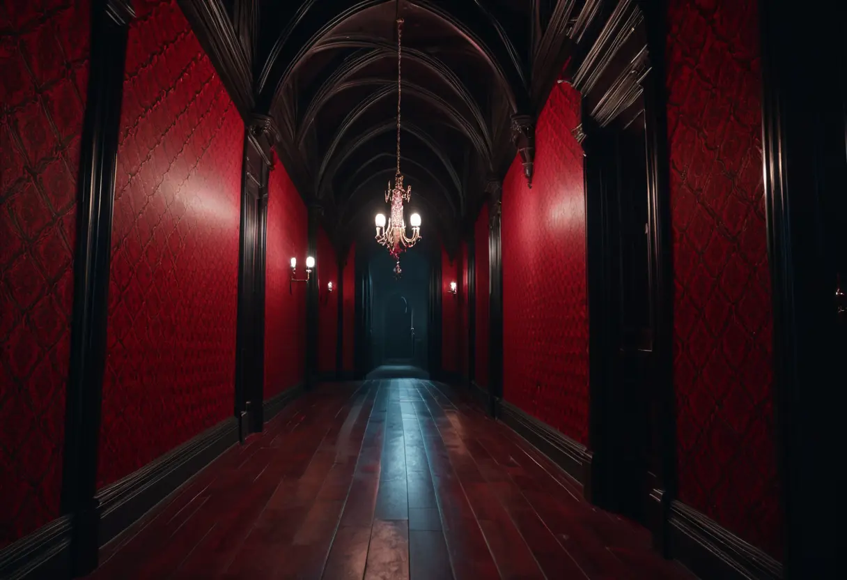 A dark hallway with a shadow of a zombie.