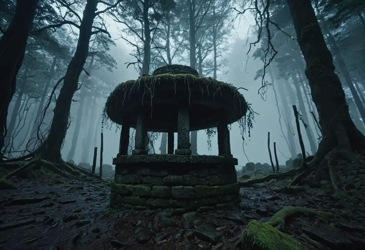 A dark, mossy stone well in a sunless forest.