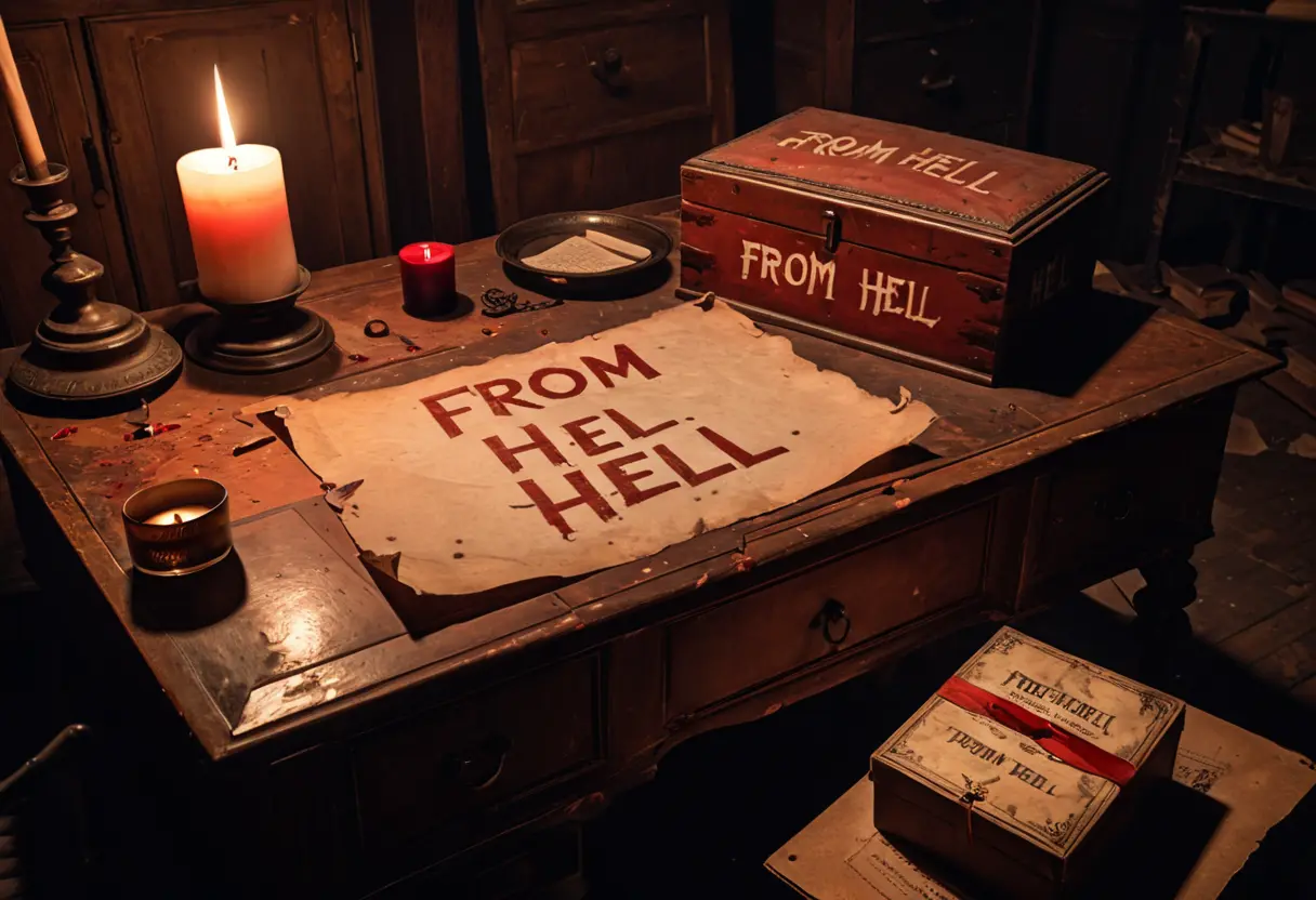 The &lsquo;From Hell&rsquo; letter resting on a wooden desk.