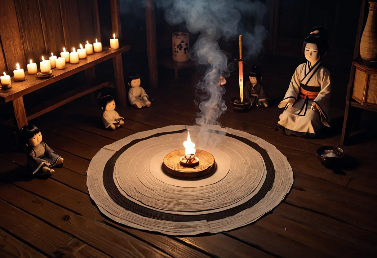 A dark room with several ritual circles and tools laid out.
