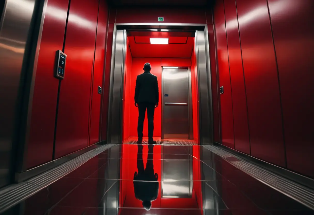 A hand reaching out toward a closing elevator door.