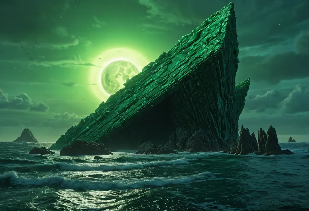 Colossal, slime-covered stone structures of R&rsquo;lyeh rising from the ocean.