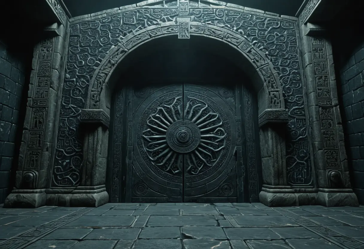 A massive stone door in R&rsquo;lyeh with strange carvings.