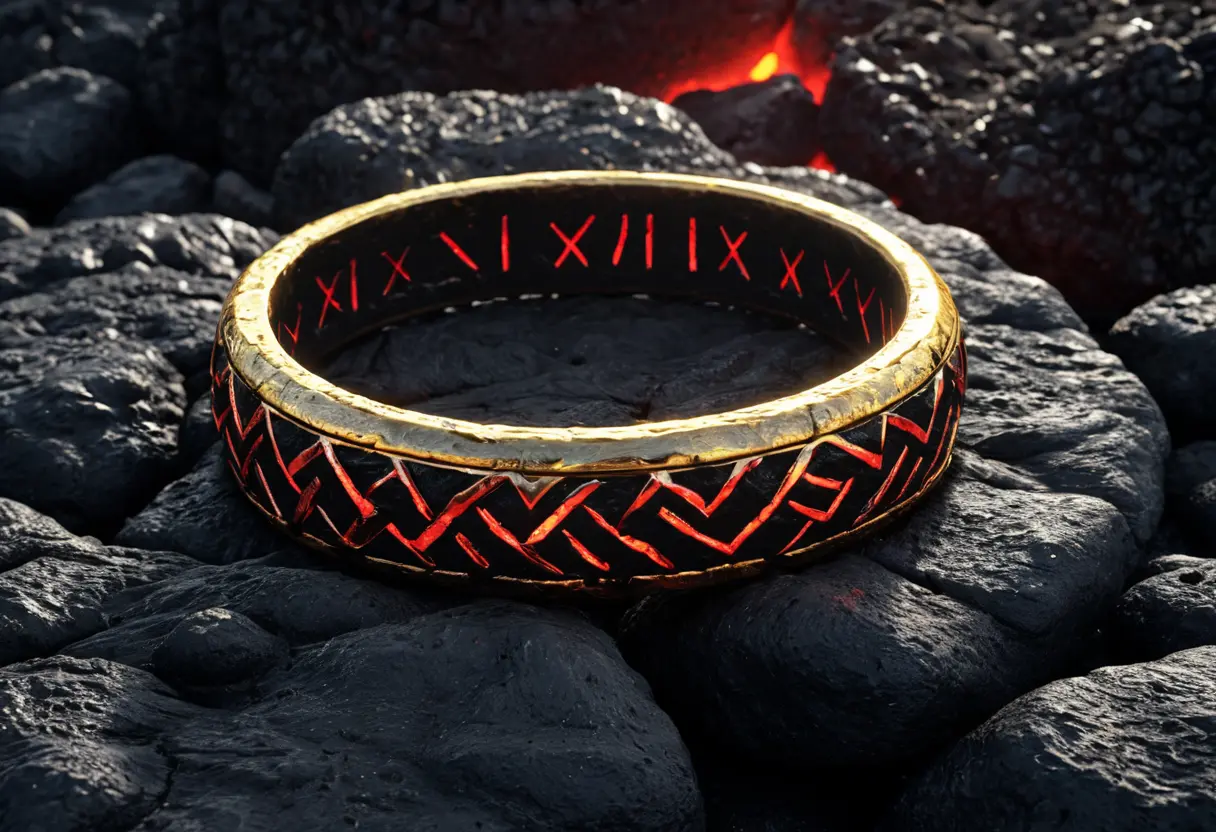 A simple golden ring on black volcanic rock.