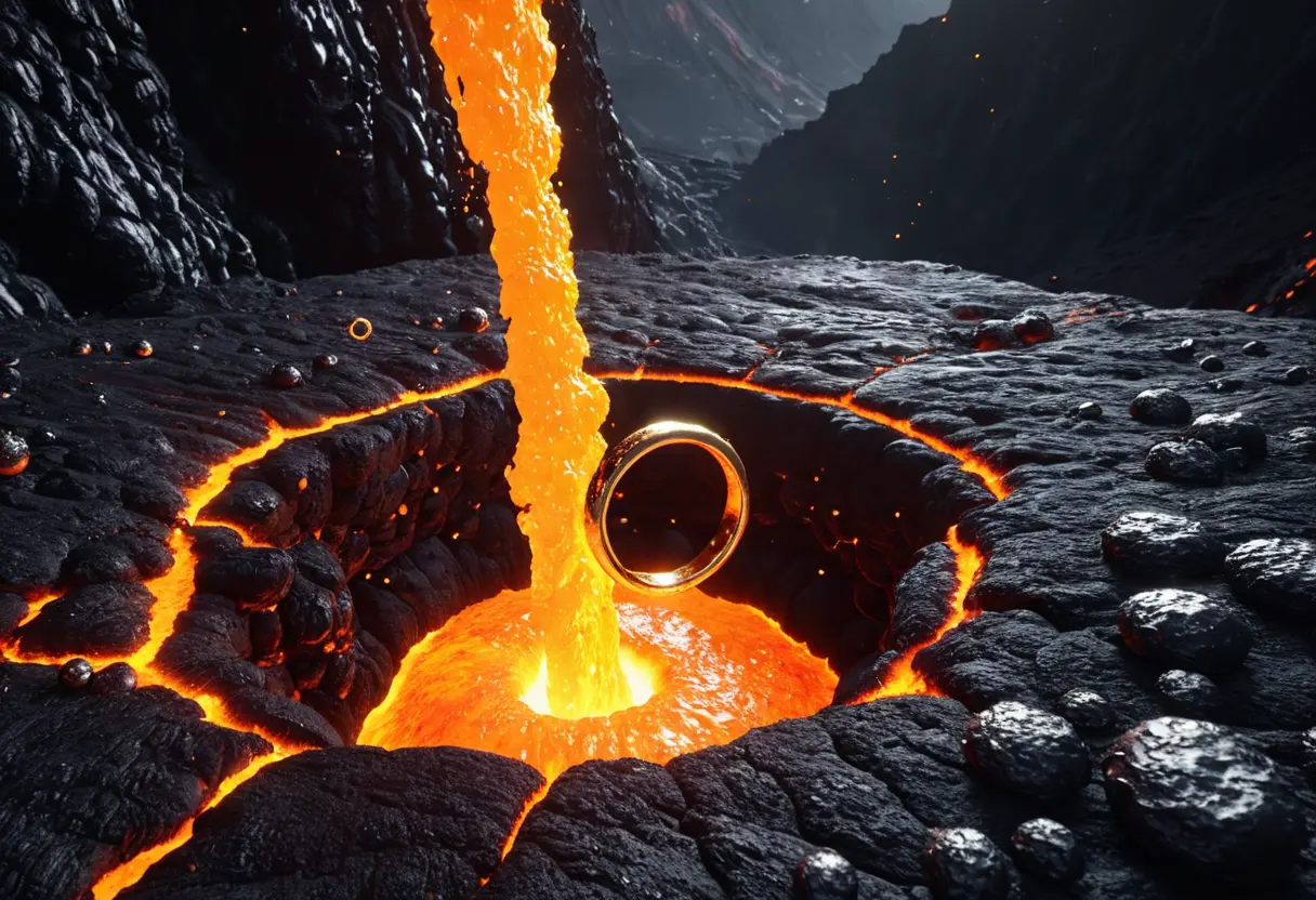 The ring falling into a lava chasm.