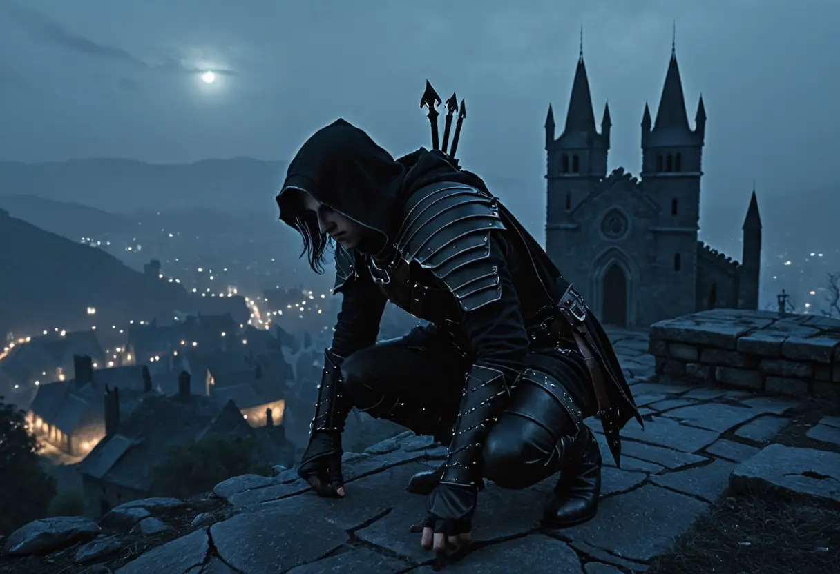 A rogue in layered leather armor crouching on a stone building at night.