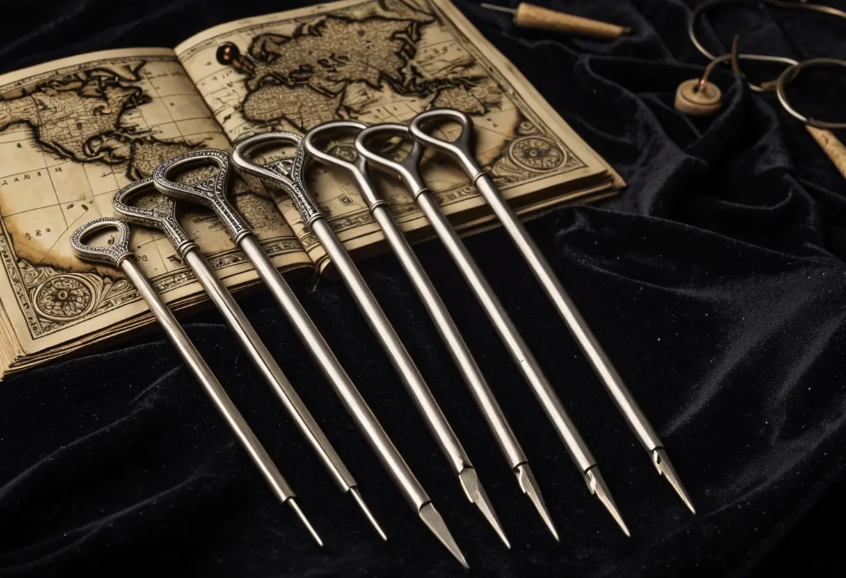 A set of intricate silver lockpicks on a dark velvet cloth.