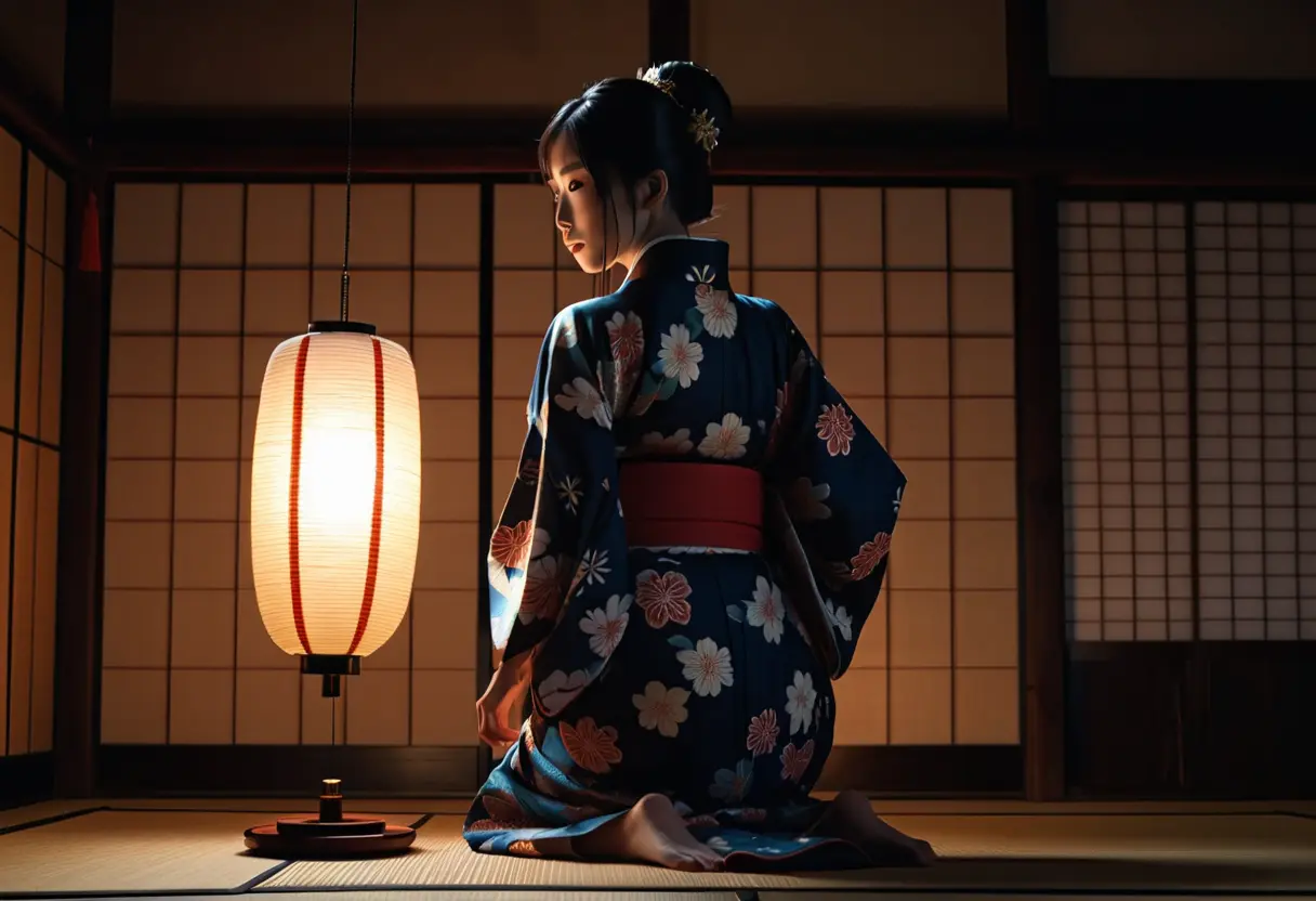A woman in a kimono with a long, snake-like neck in a dark room.