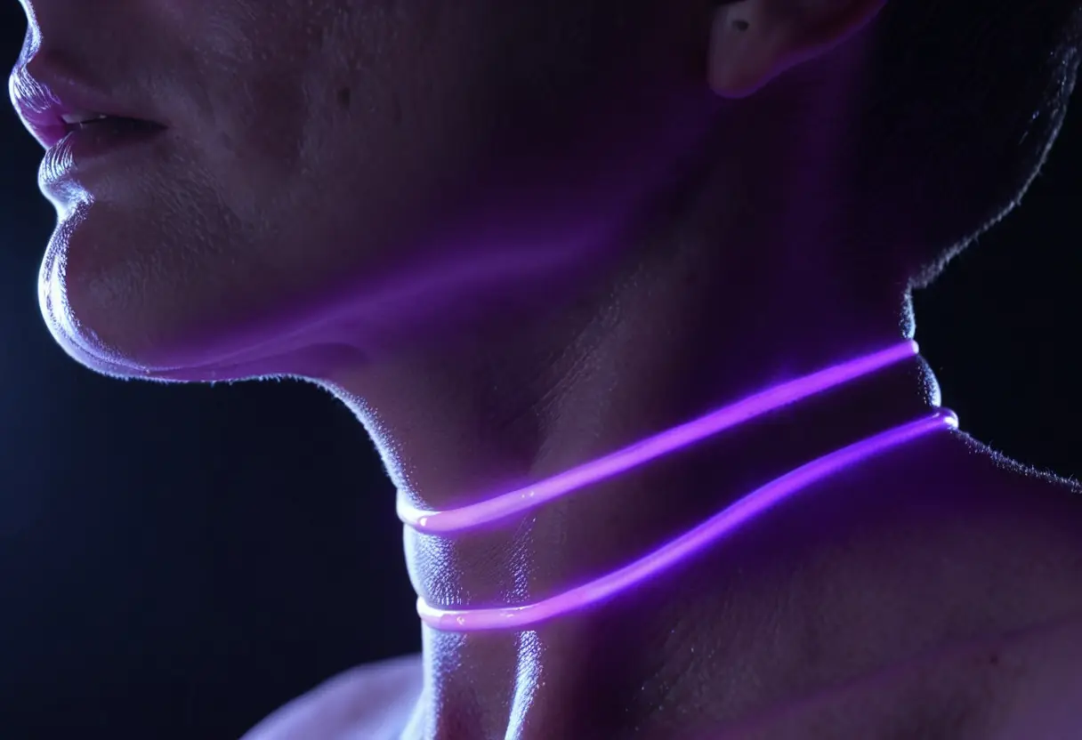 A close-up of a faint seam on a woman&rsquo;s neck.