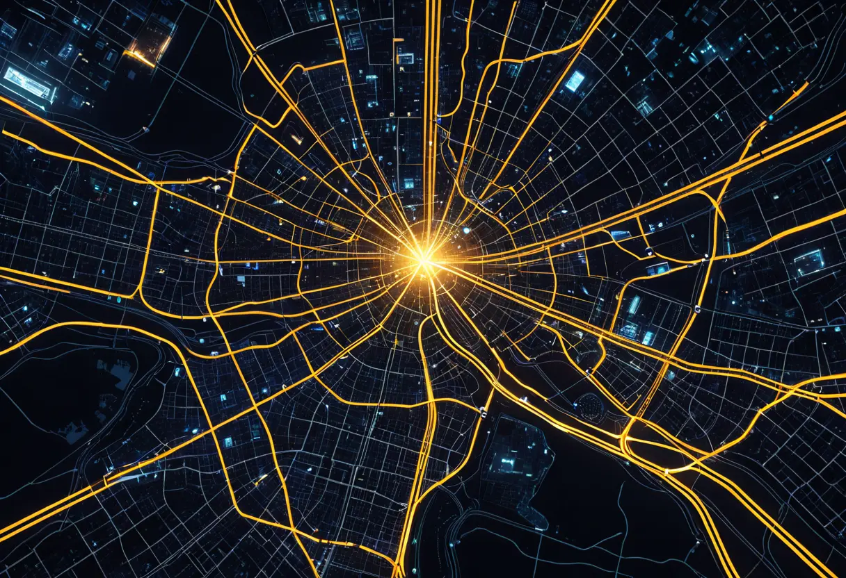 A web of glowing lines over a dark city map.