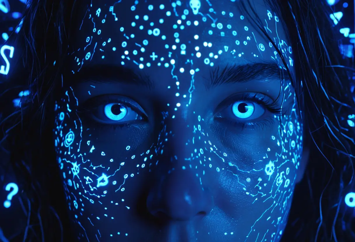 A person looking at a screen with a chaotic storm of text reflected in their eyes.