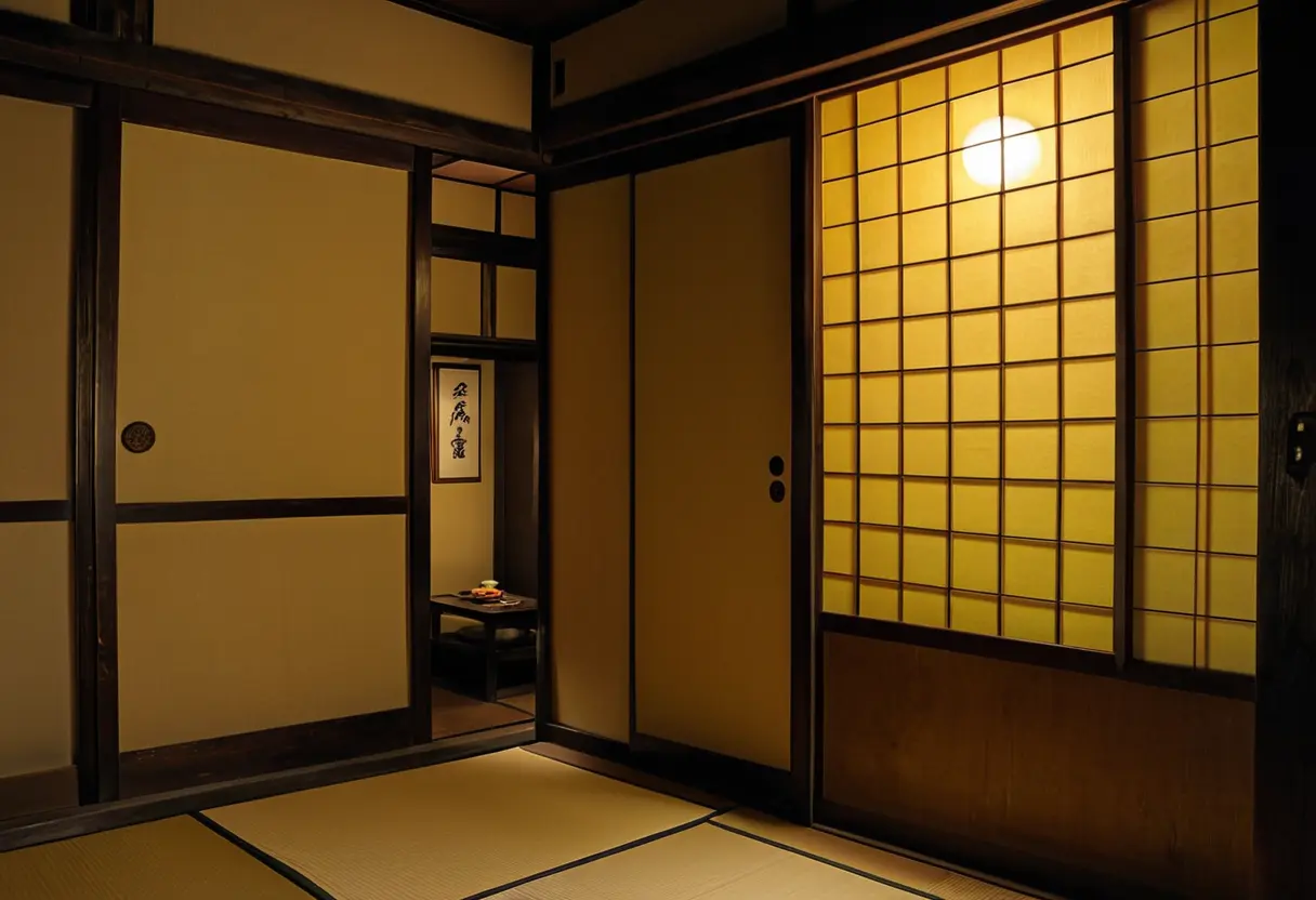 A slightly open sliding door revealing a room covered in charms.