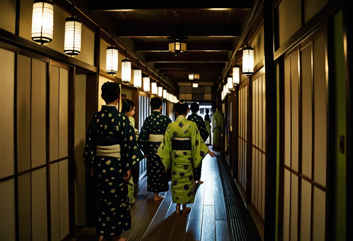 A dark, narrow hallway of a Japanese inn with several people laughing.