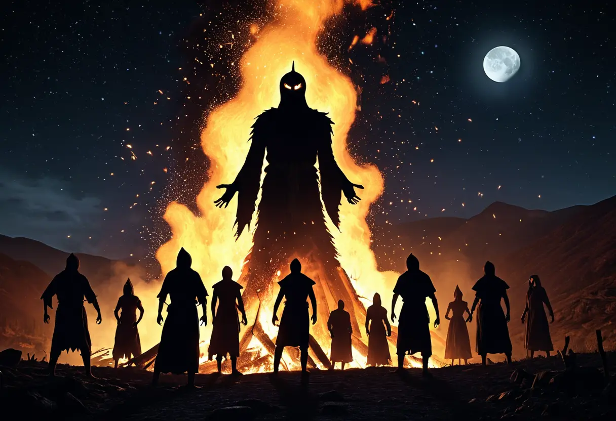 Shadowy figures dancing around a fire.