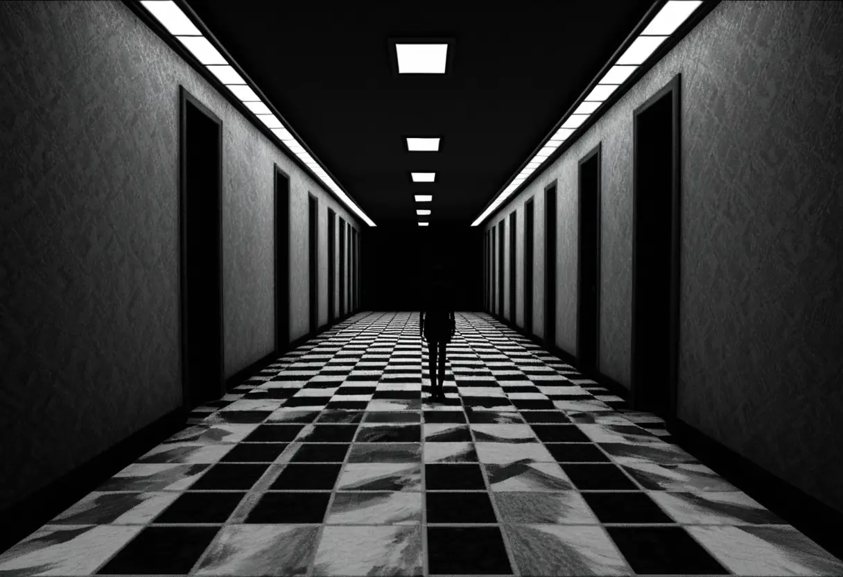 A grainy black and white hallway.