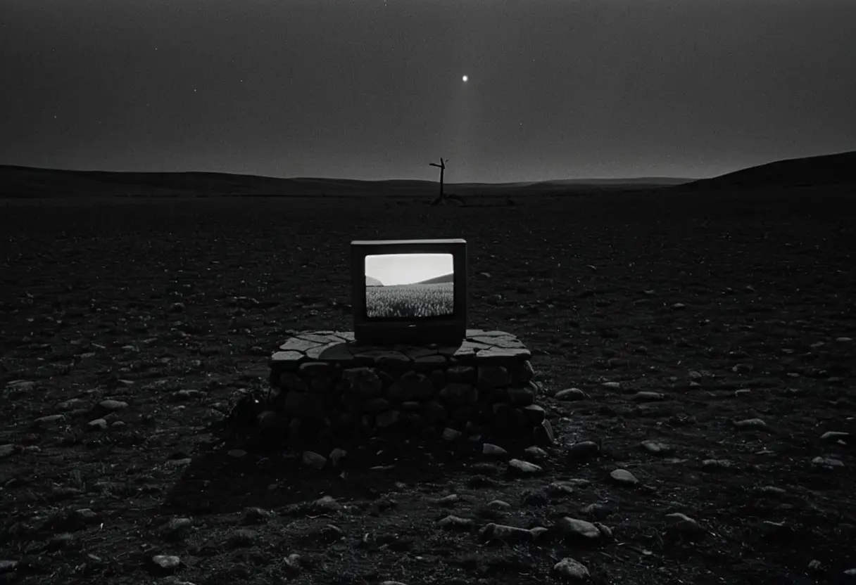 A TV screen showing a grainy image of a well.