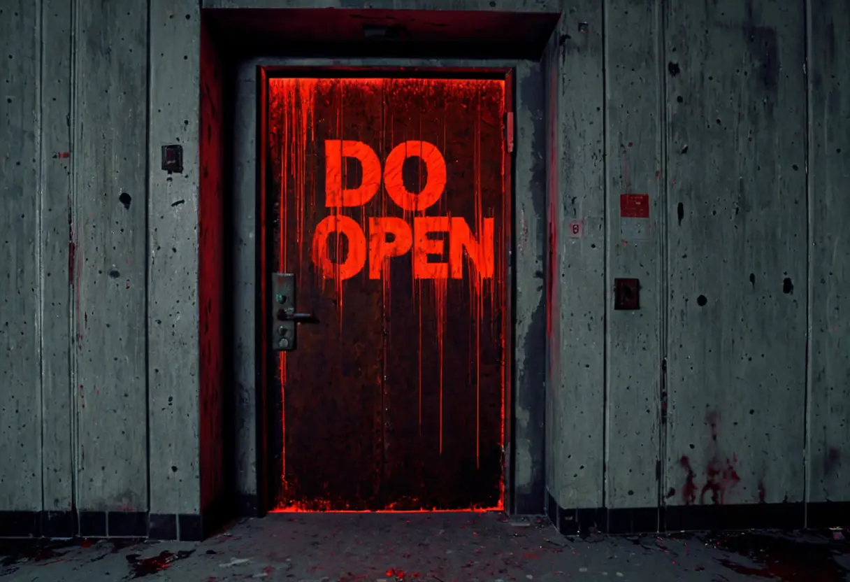 A dark, blurry image of a red door with &lsquo;DO NOT OPEN&rsquo; scrawled on it in static.