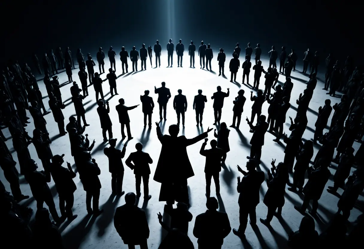 A crowd of silhouettes pointing at an invisible object in the center.