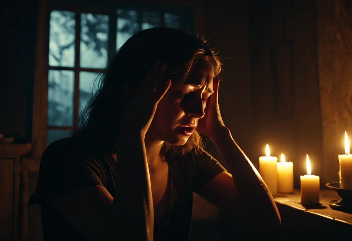 A person holding their head in shadows.