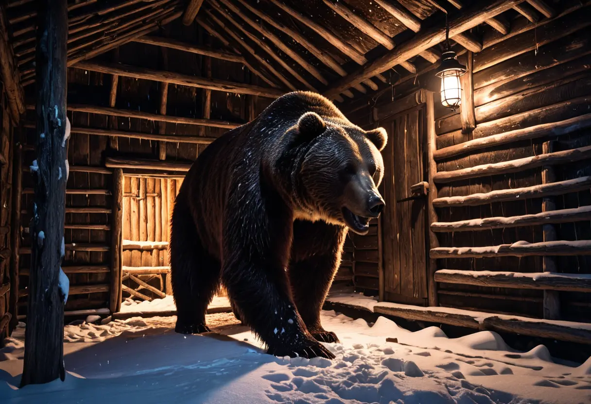 A massive bear breaking into a pioneer hut.