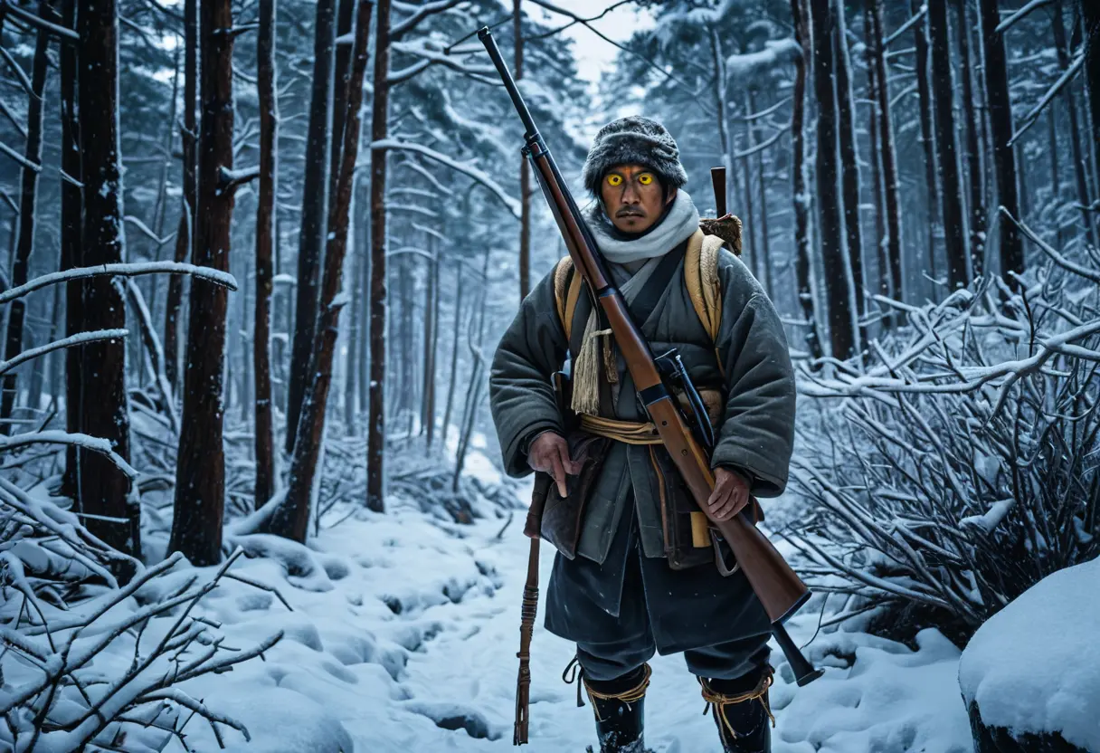 Matagi hunters tracking the beast in the snow.