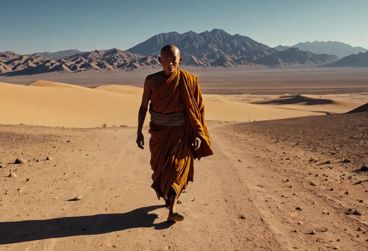A monk trekking through a vast desert.