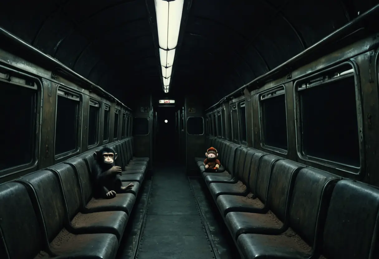 A dark, empty vintage train car at night with a small doll on the seat.