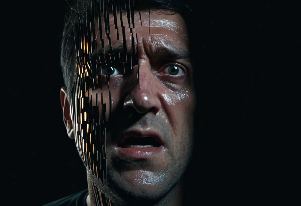 A man&rsquo;s face distorted as if being seen through a glitchy screen.