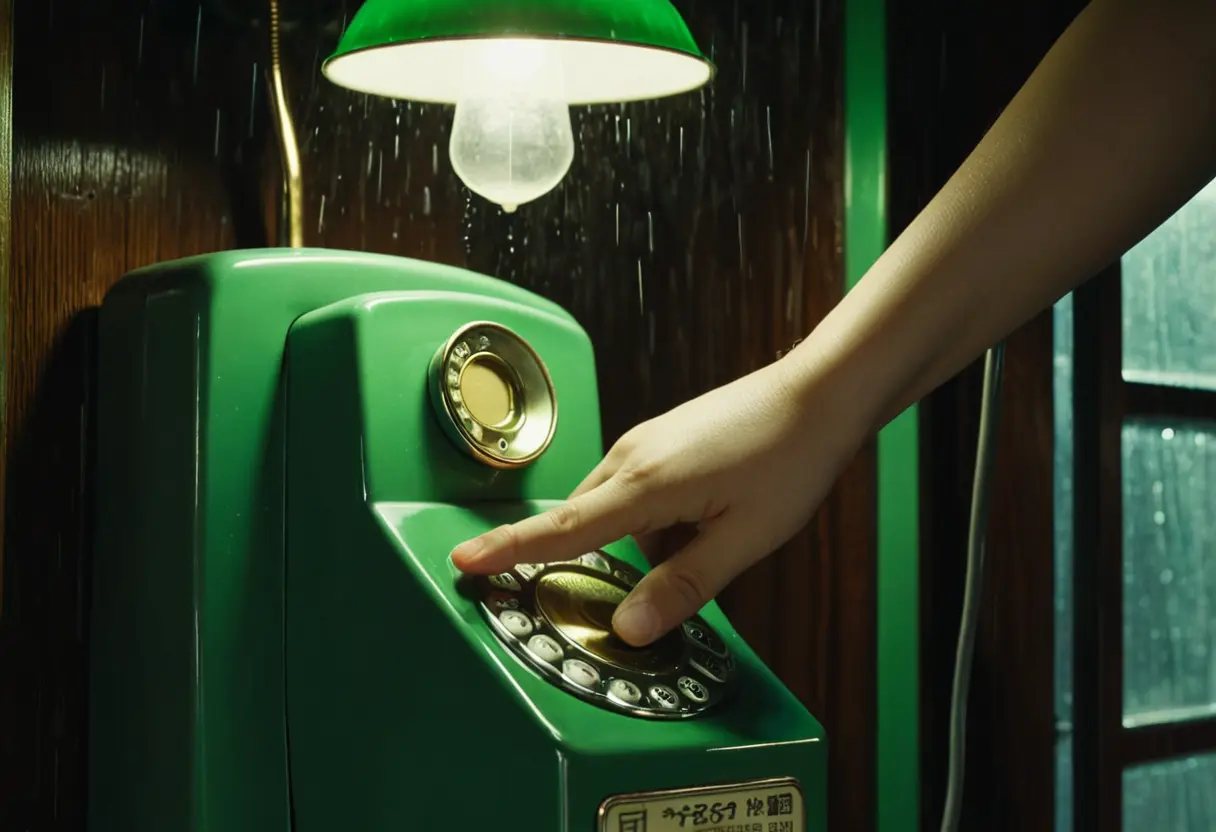 A close-up of a hand dropping a 10 yen coin into a green public phone.