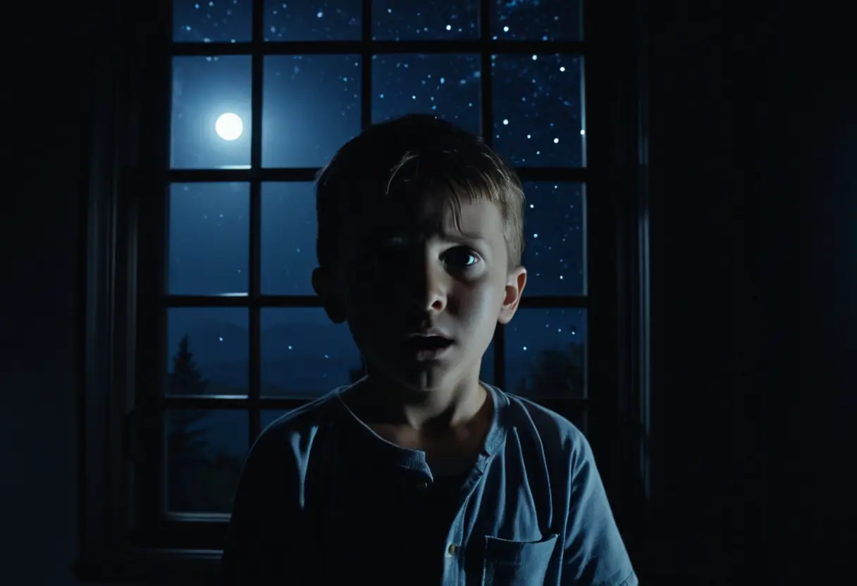 A person&rsquo;s reflection in a dark window, with a faint shadow behind them.